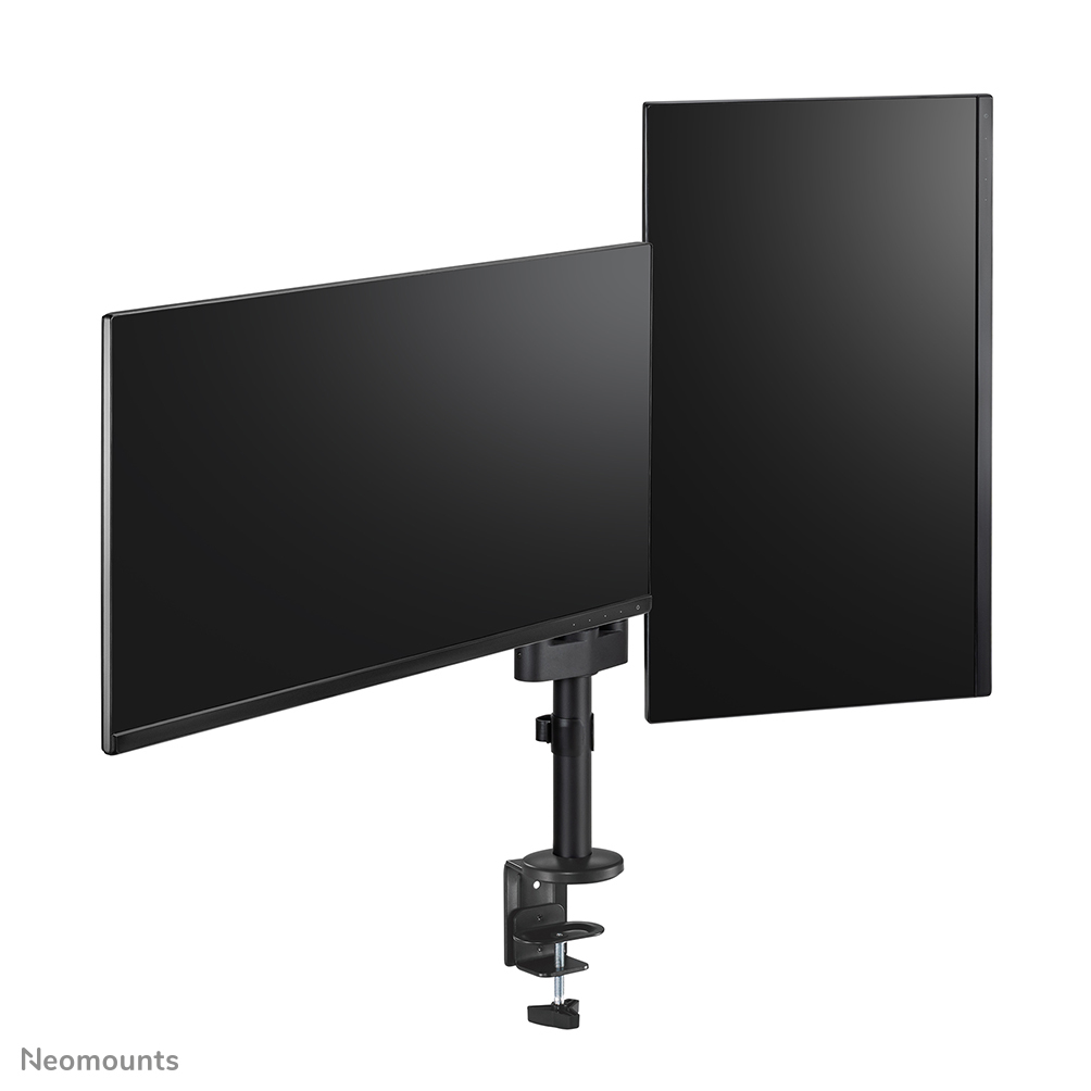 Two black computer monitors are mounted on a black arm. The arm is clamped to a surface. White background.