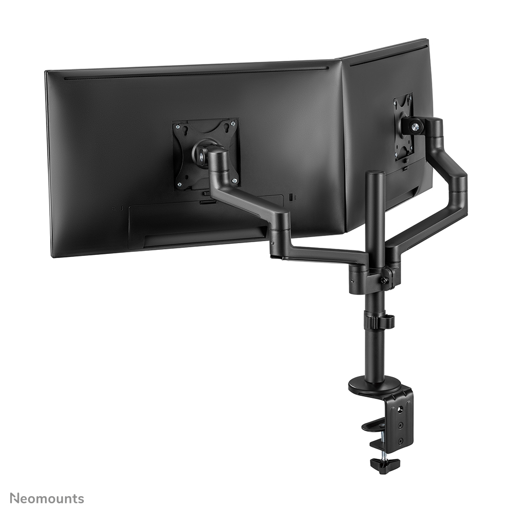 A dual monitor mount in black. Each monitor is mounted on an adjustable arm. The mount has a clamp to attach to a desk.