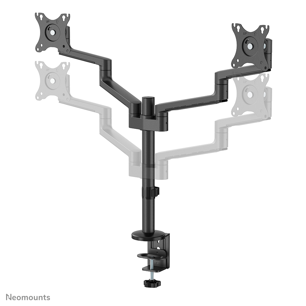A black dual monitor arm on a white background. It has adjustable arms and a clamp for desk mounting.