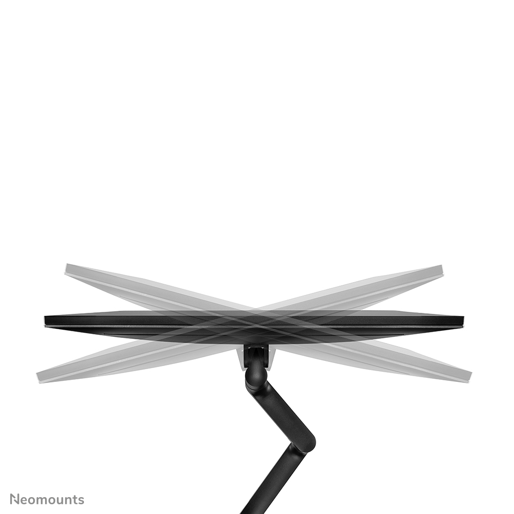 Black monitor on a black articulated arm, with multiple ghosted positions, against a white background. 'Neomounts' is in the corner.
