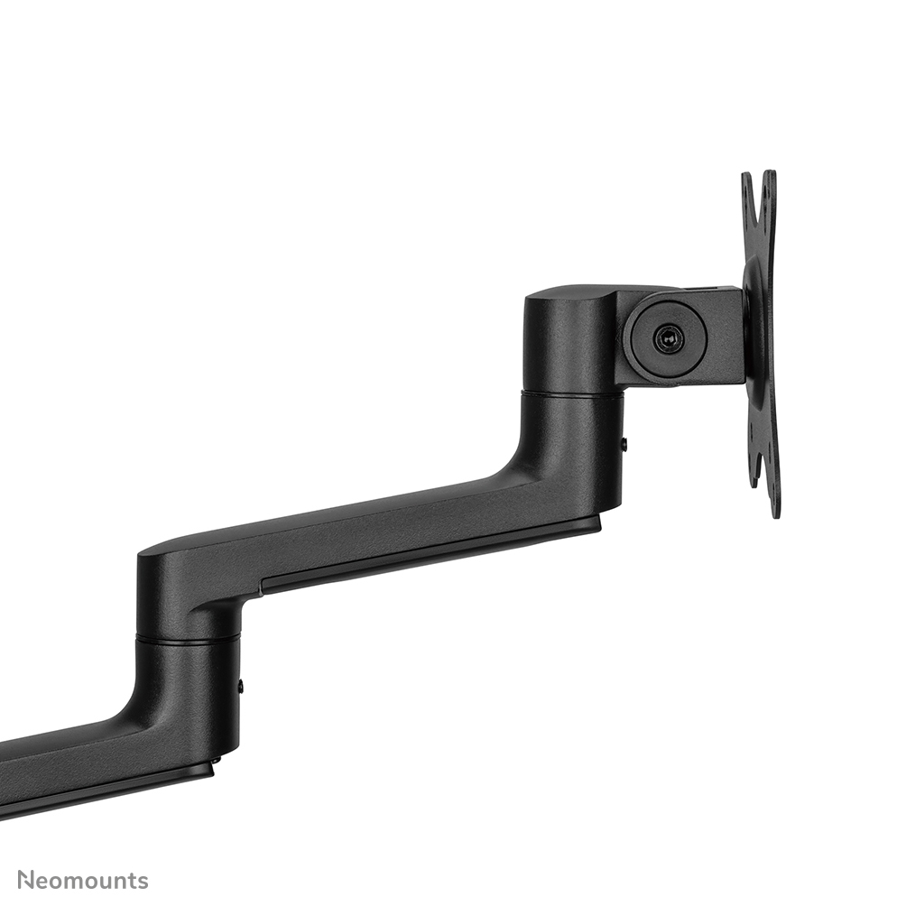 A black monitor arm with a mounting plate. It's angled, with a curved arm, and is set against a white background.
