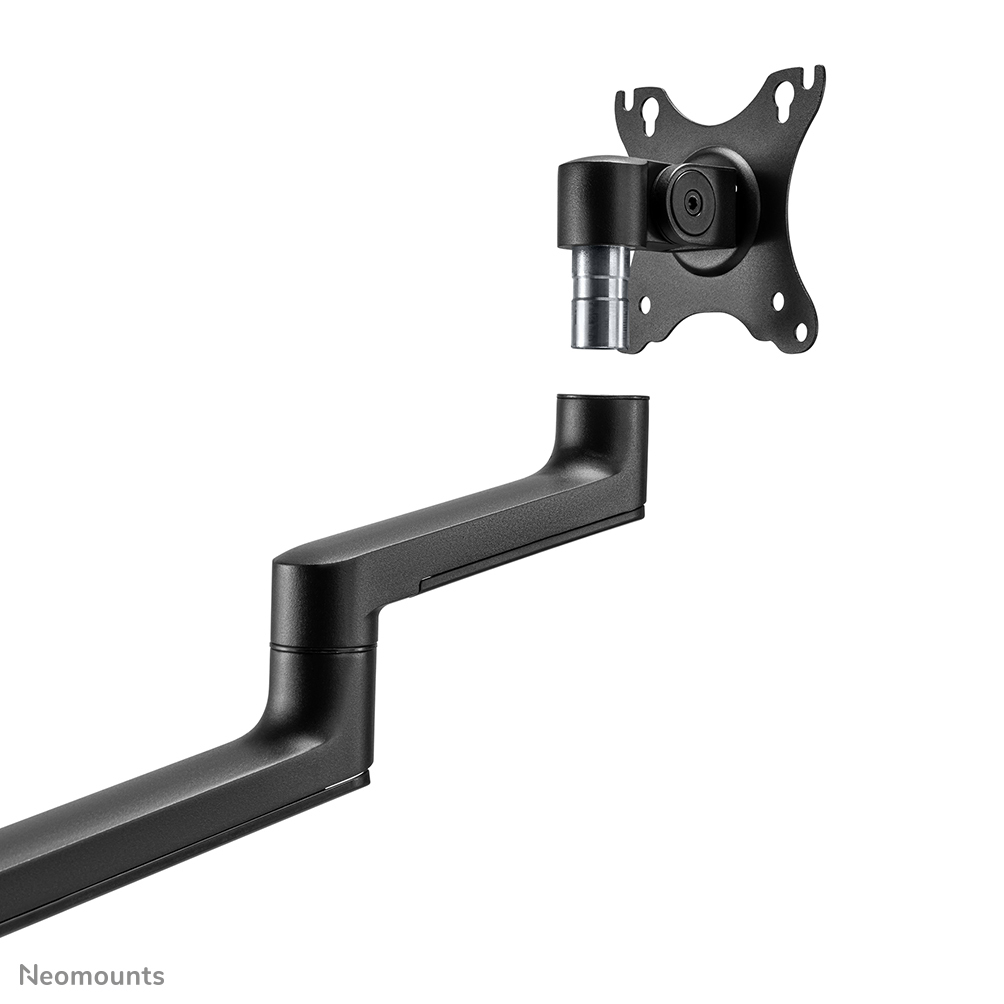 Black monitor arm with a mounting bracket, detached. The arm is angled and has a cylindrical connection. White background.