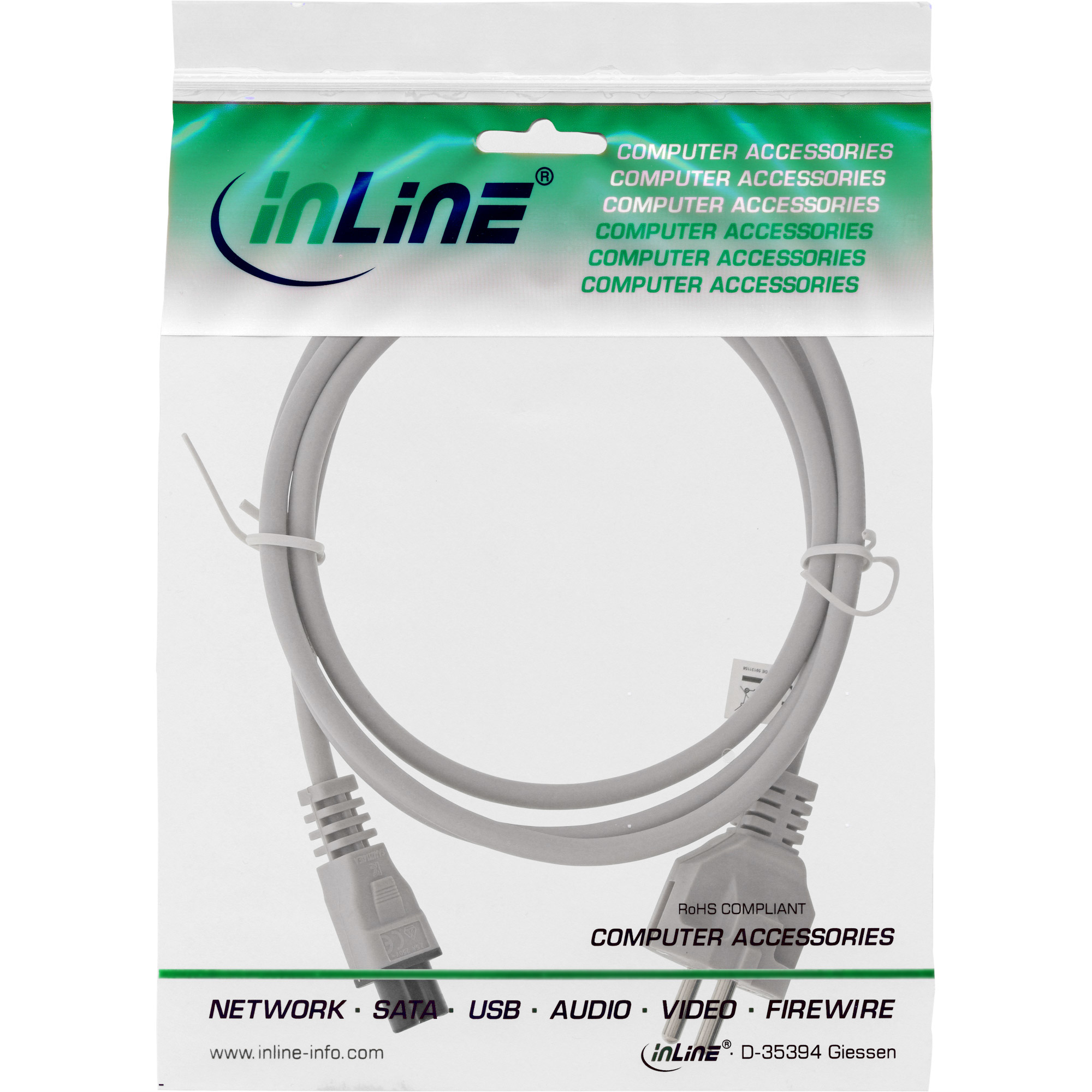 Ein graues Computerkabel in einer Plastikverpackung. Die Verpackung hat das 'inLine'-Logo und Produktinformationen.