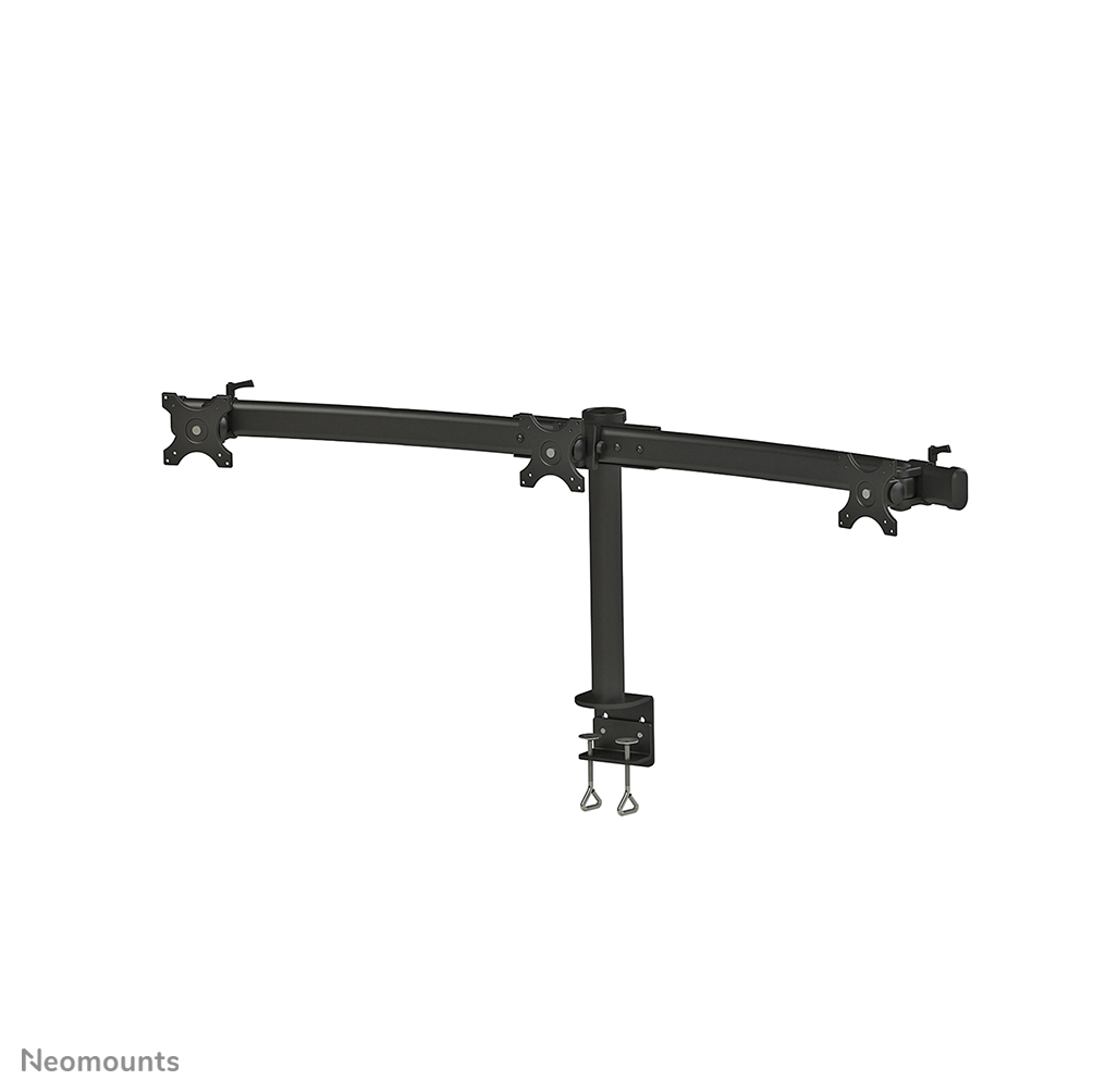 Eine schwarze Monitorhalterung mit drei Armen, einer vertikalen Stange und einem Klemmfuß. Sie ist für mehrere Bildschirme konzipiert.