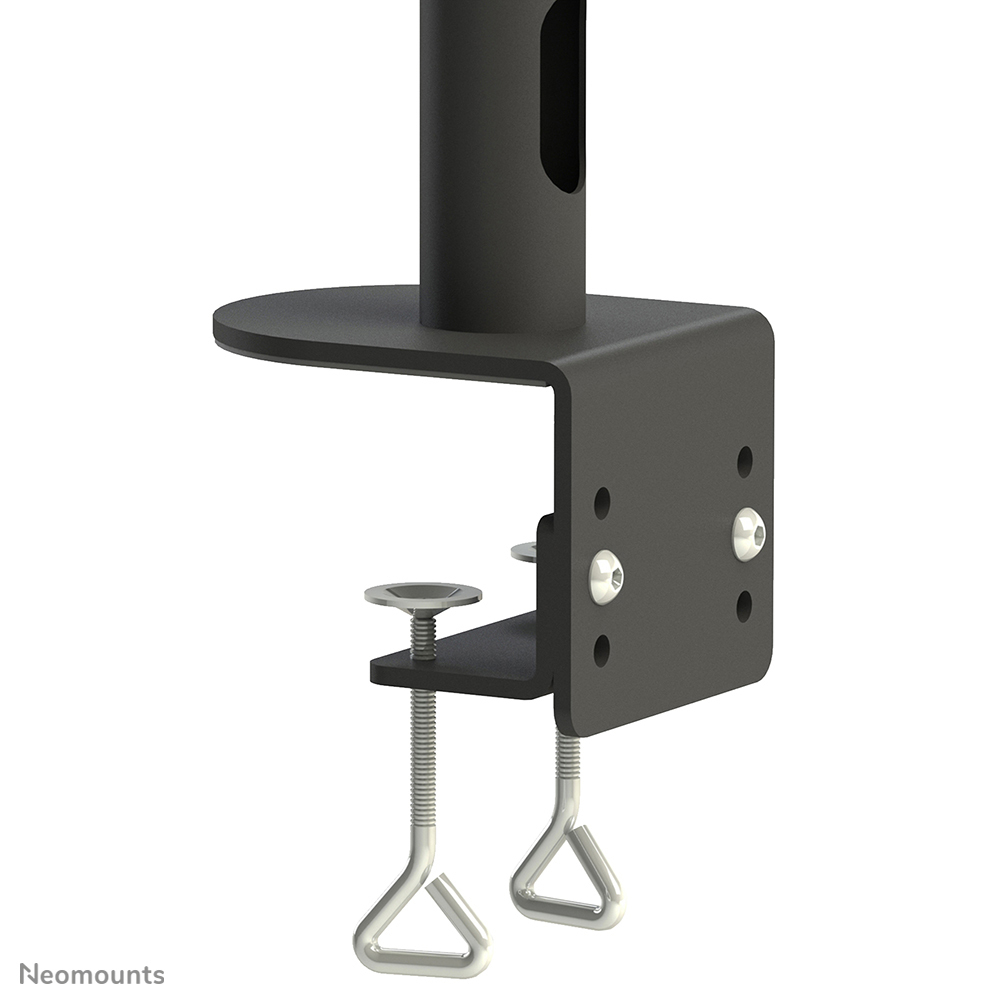 Eine schwarze Metall-Schreibtischklemme. Sie hat eine runde Oberseite, ein vertikales Rohr und eine Klemme mit Schrauben. Zwei Flügelschrauben sind sichtbar.