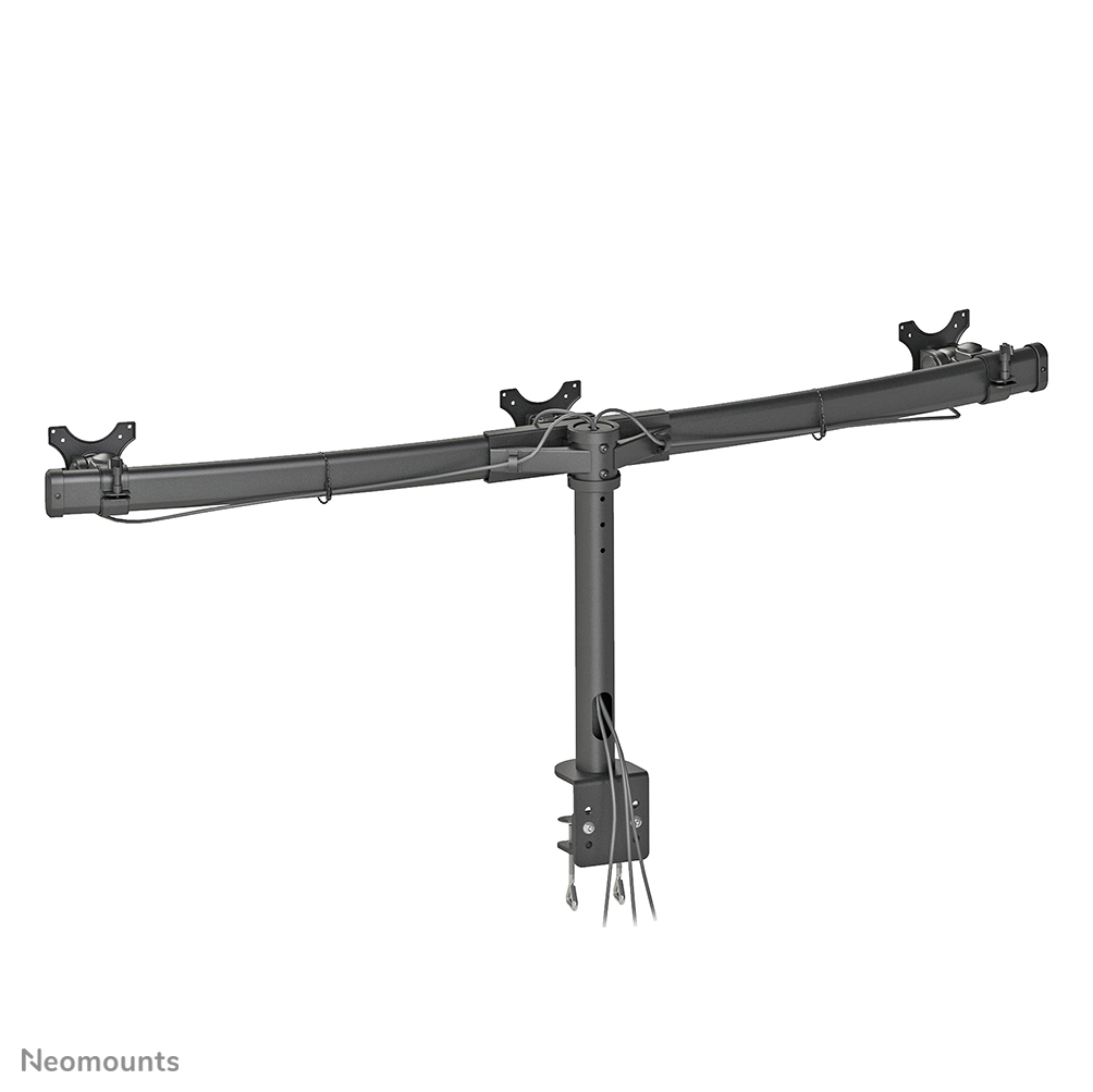 Ein dunkelgrauer Doppelmonitorarm, montiert auf einer weißen Oberfläche. Der Arm ist T-förmig, mit sichtbaren Drähten. Markenname: Neomounts.