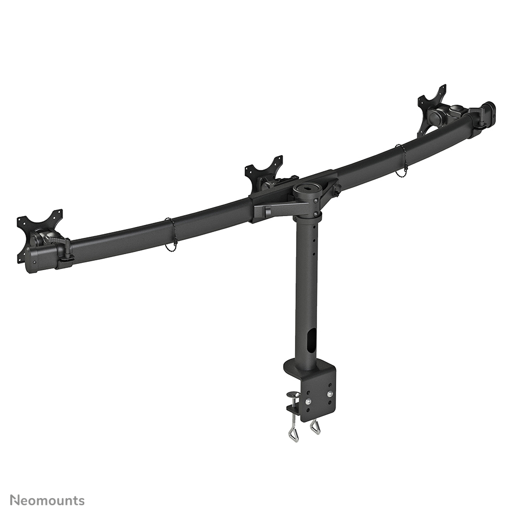 Ein schwarzer Doppelmonitorarm mit Klemme. Er hat zwei horizontale Arme, eine vertikale Stange und eine Klemme zur Befestigung.