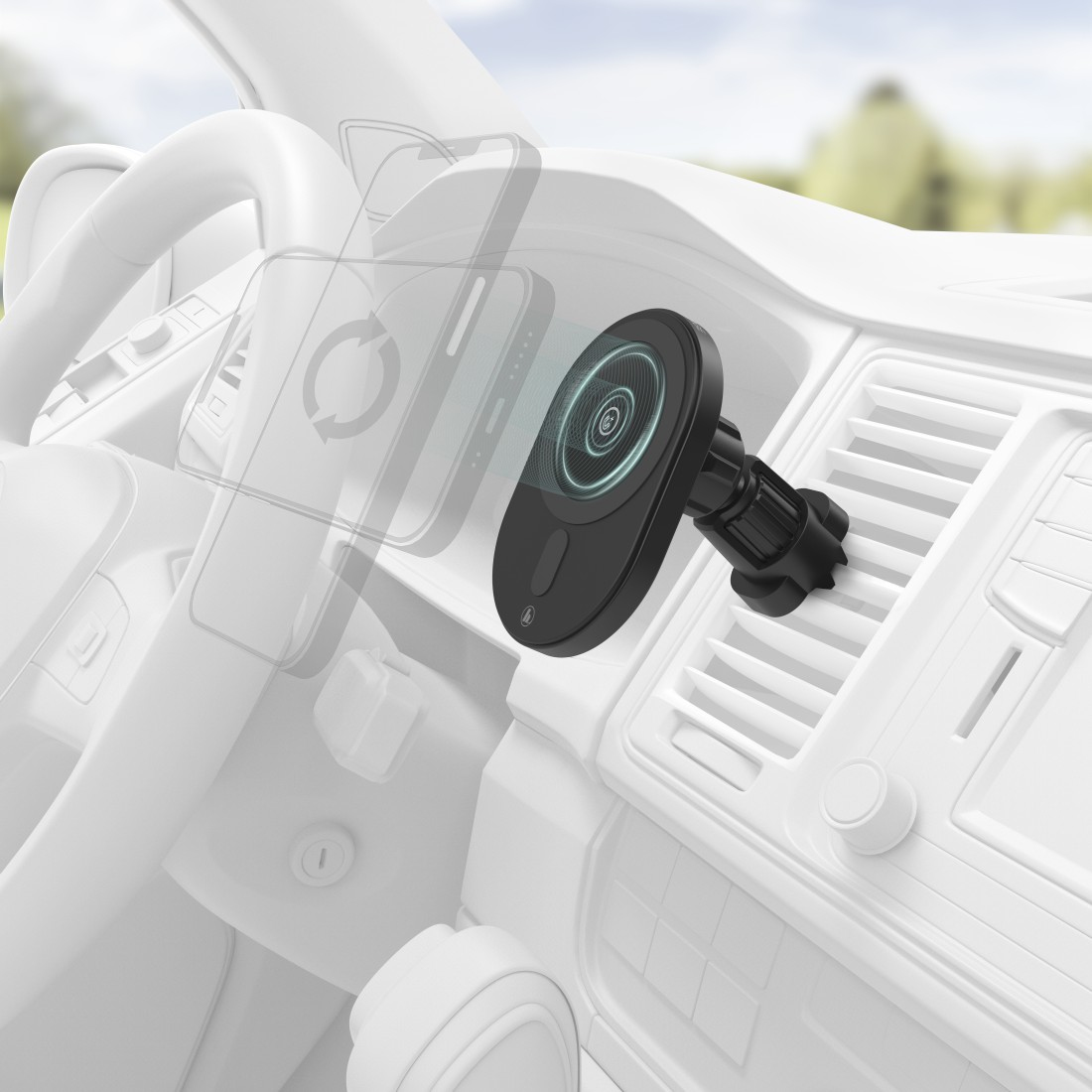 Schwarzer Telefonhalter im Auto. Der Halter ist an der Lüftungsöffnung montiert. Ein Telefonbild ist teilweise sichtbar.