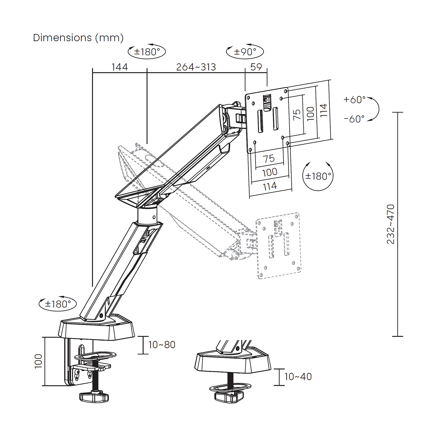 Schemat ramienia monitora z wymiarami w mm, pokazujący regulowane kąty i zakresy do konfiguracji i regulacji.