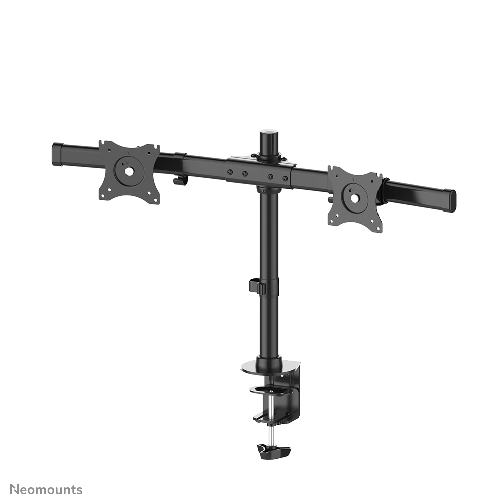 Ein schwarzer Doppelmonitorarm auf weißem Hintergrund. Er hat eine Klemme und zwei Arme mit Montageplatten für die Monitore.