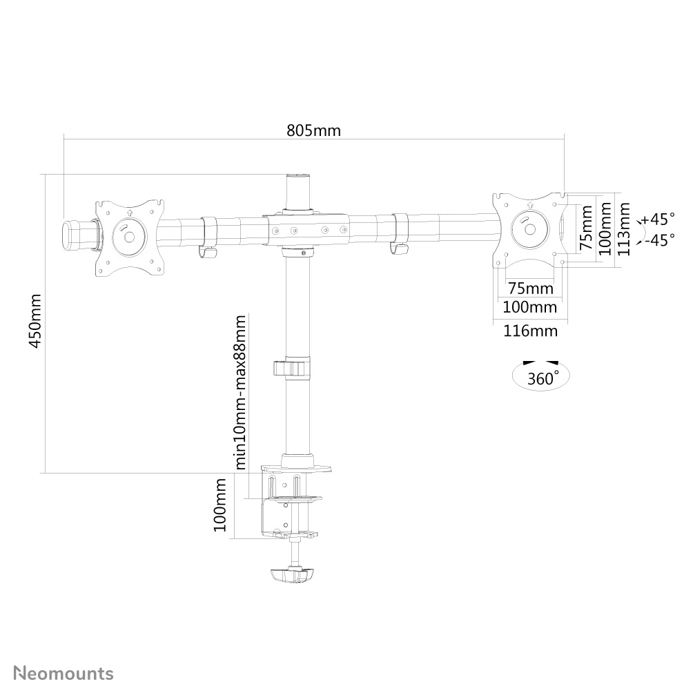 Diagramm einer Monitorhalterung mit Maßen. Es zeigt Abmessungen, Drehwinkel und Montagespezifikationen.