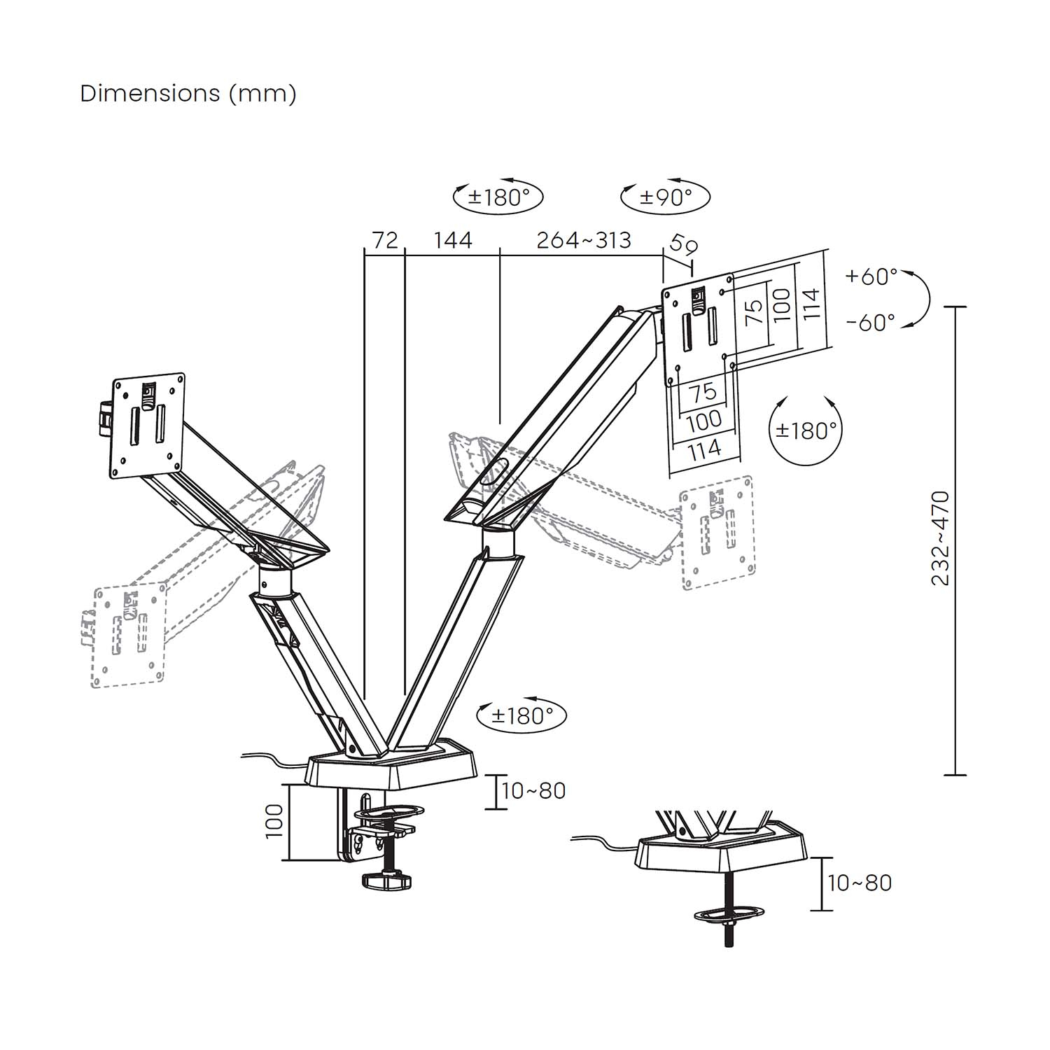 Diagram van een monitorarm met afmetingen in millimeters, hoeken en metingen. De arm wordt in meerdere posities getoond.