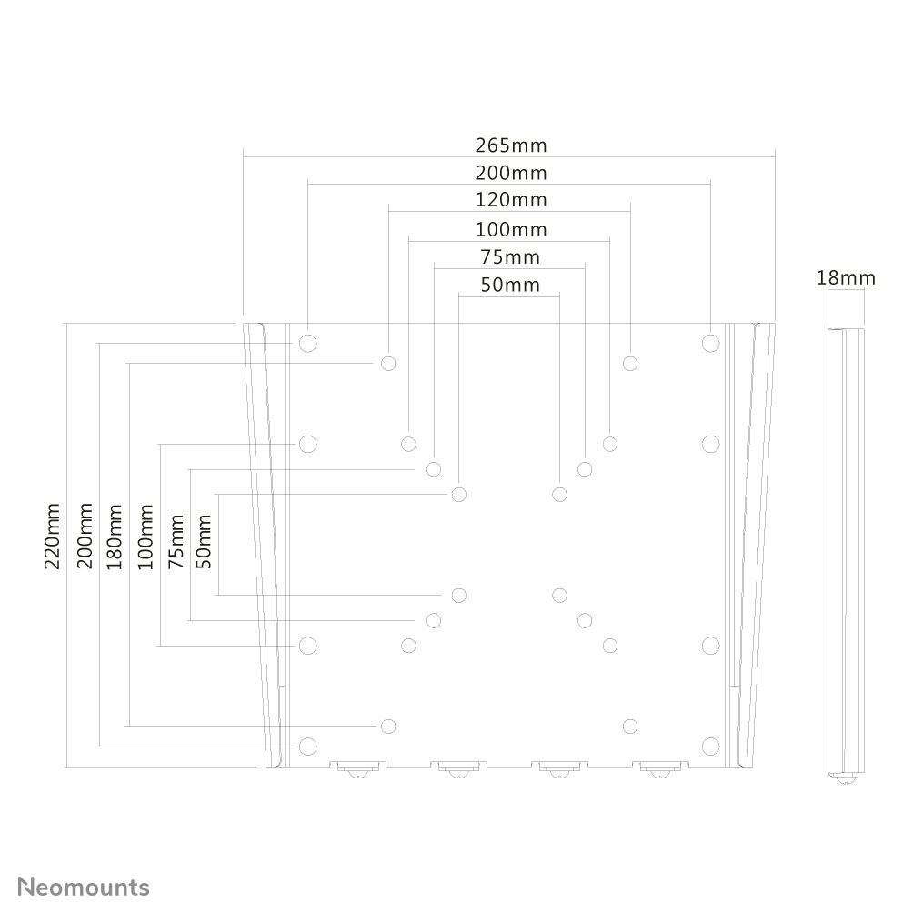 Diagramm einer schwarzen Halterung mit Maßen. Es hat mehrere Löcher, mit Abmessungen wie 265 mm, 220 mm und 18 mm.