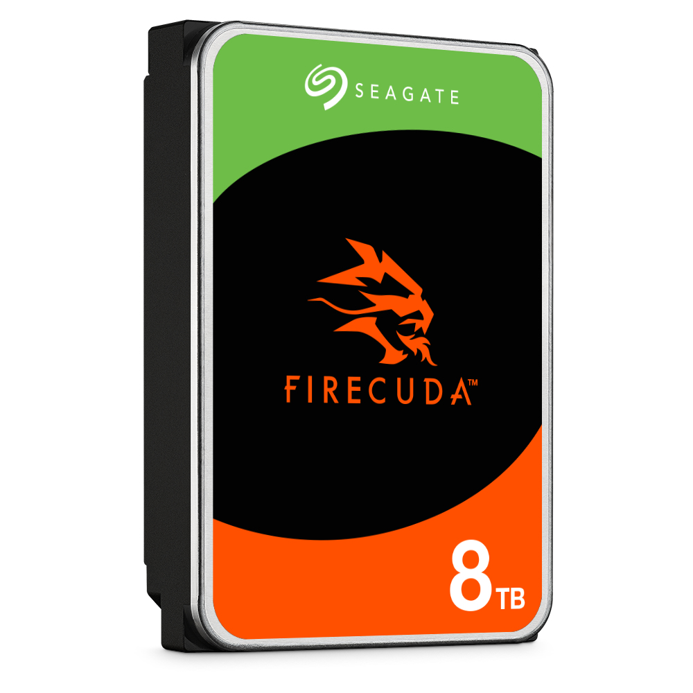 Disco rigido Seagate FireCuda da 8 TB. Alloggiamento nero, etichetta verde e arancione. Logo FireCuda arancione, testo 8 TB.