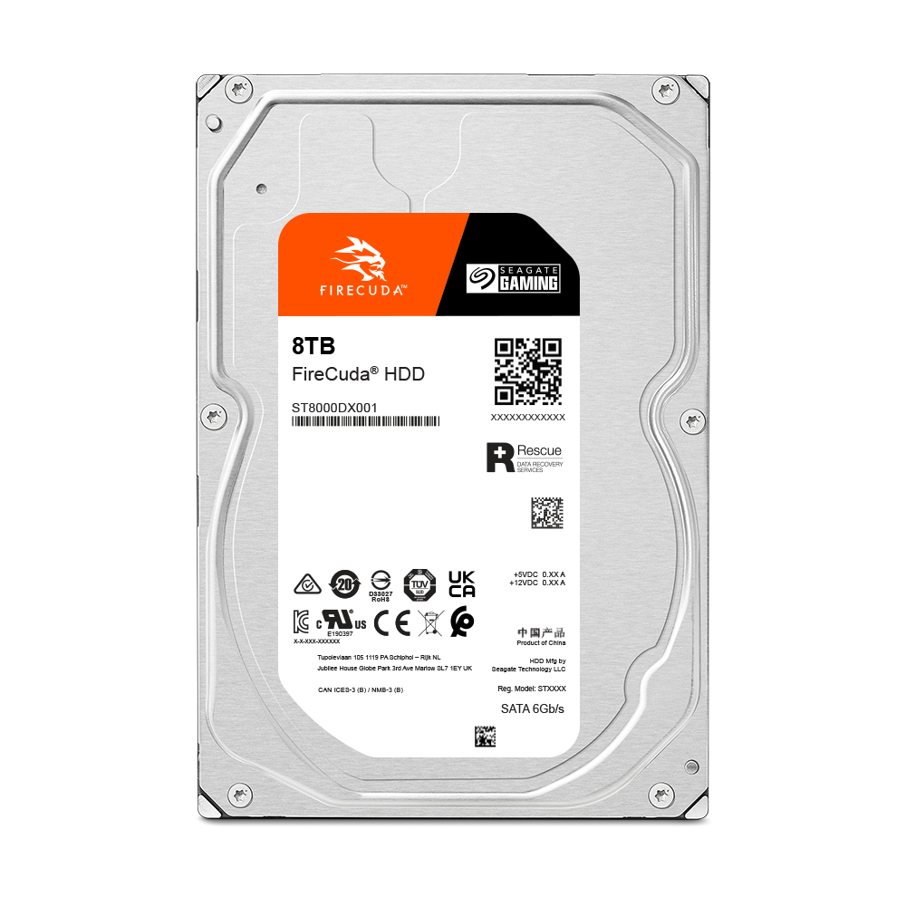 Un disco rigido Seagate FireCuda da 8TB. Ha un'etichetta arancione e nera con testo e loghi, tra cui 'FireCuda' e 'Gaming'.
