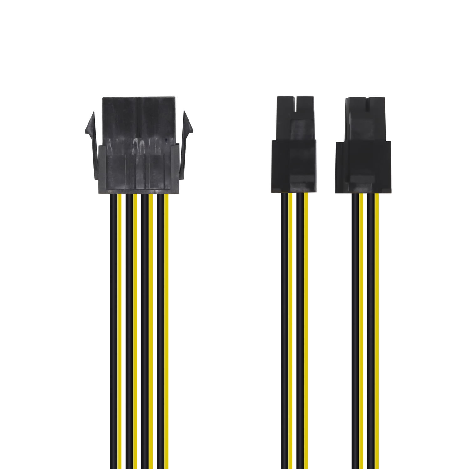 Tres conectores negros con cables amarillos y negros sobre un fondo blanco.
