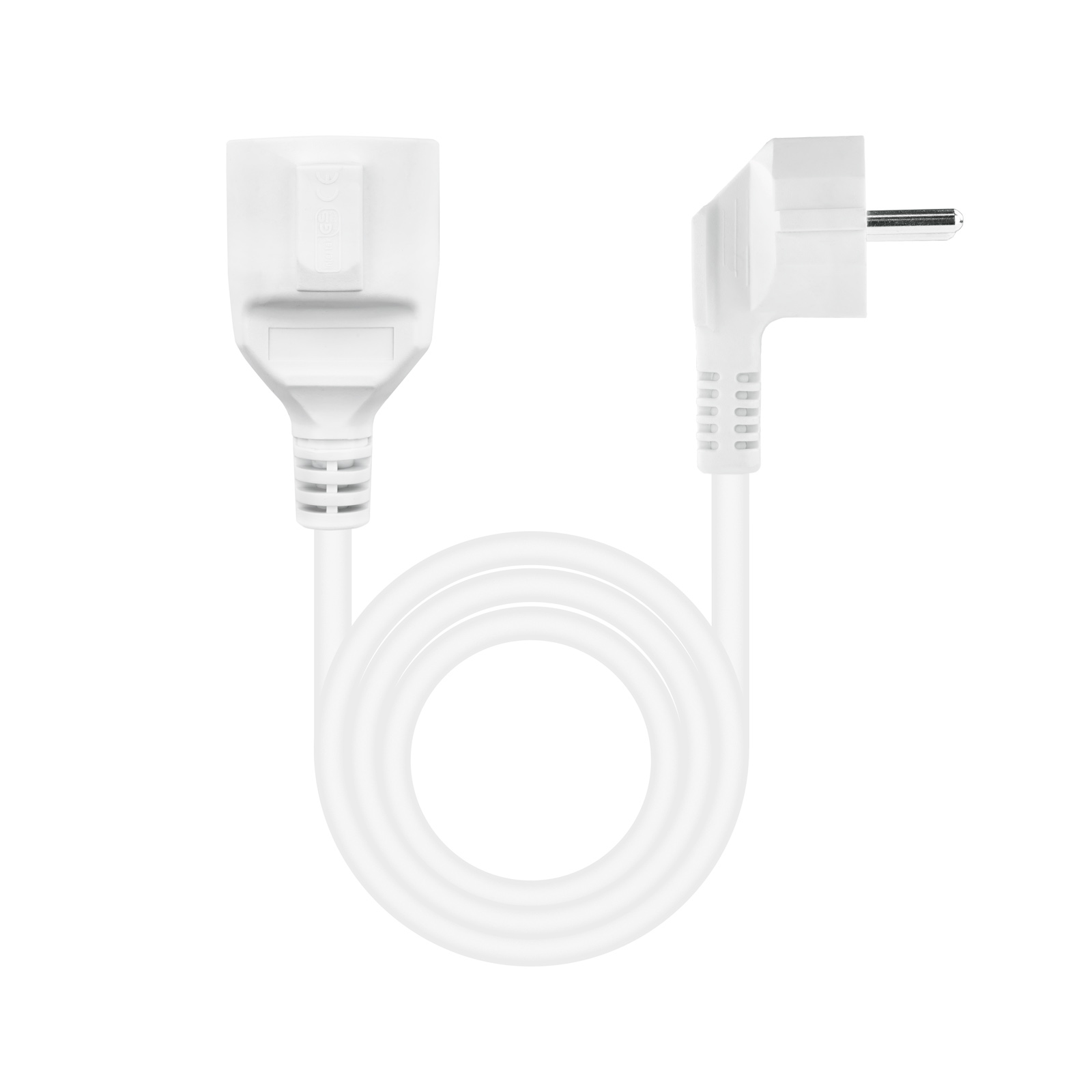 Un cable de extensión blanco con enchufe y enchufe. El cable está enrollado.