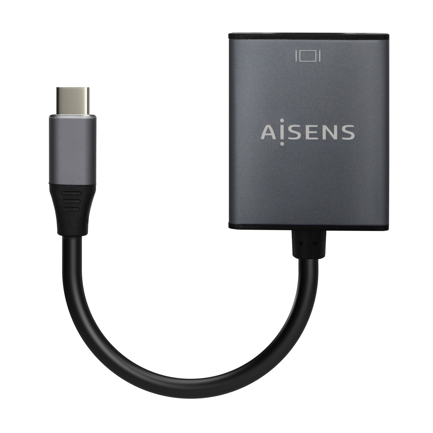 Un adaptador gris de USB-C a HDMI. El adaptador tiene la marca 'AiSens' y un pequeño icono, conectado por un cable negro.