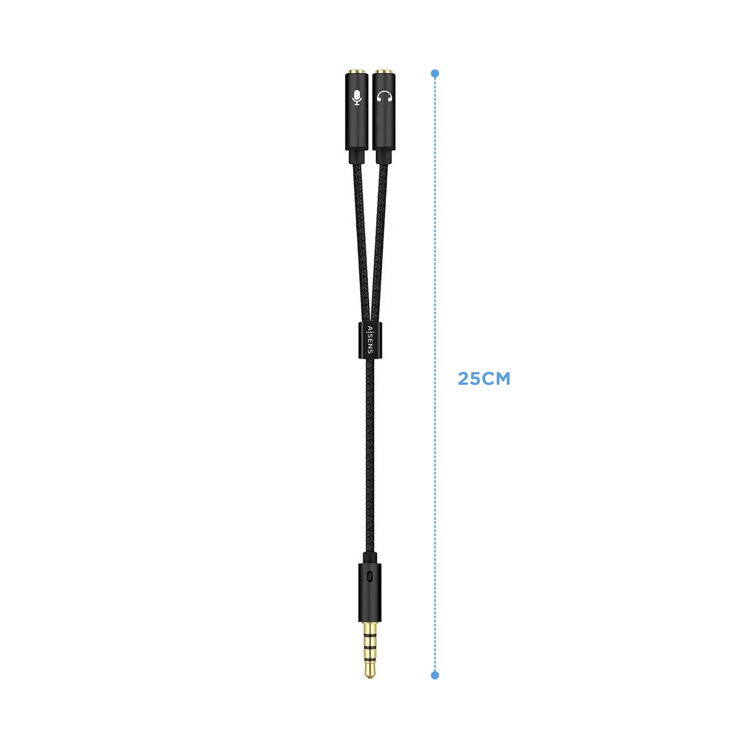 Un cable divisor de audio negro con conectores de micrófono y auriculares. Se muestra una medida de 25 cm junto a él.