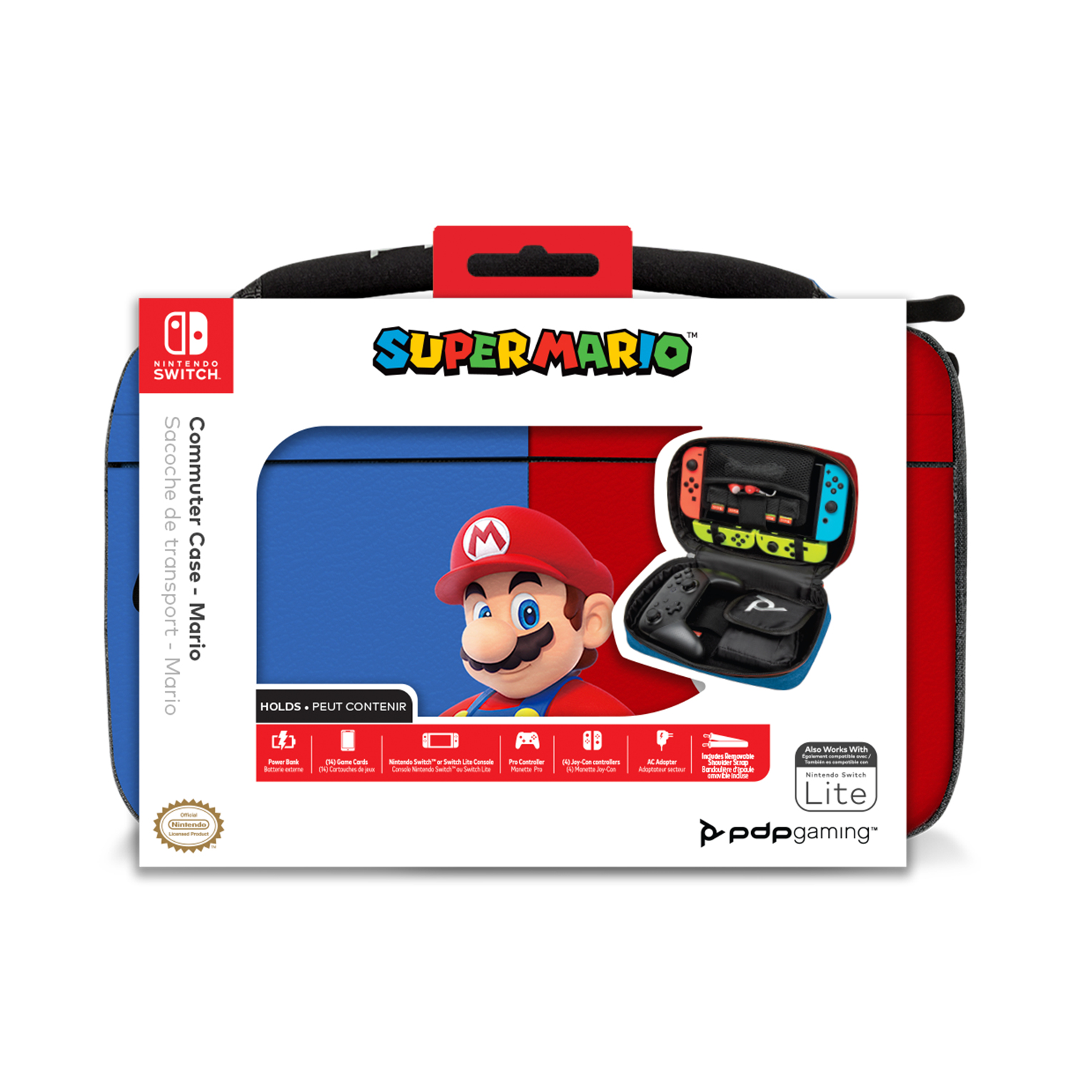 Etui Super Mario Commuter do Nintendo Switch. Jest czerwone, niebieskie i czarne. Mario jest z przodu. Zawiera pasek na ramię.