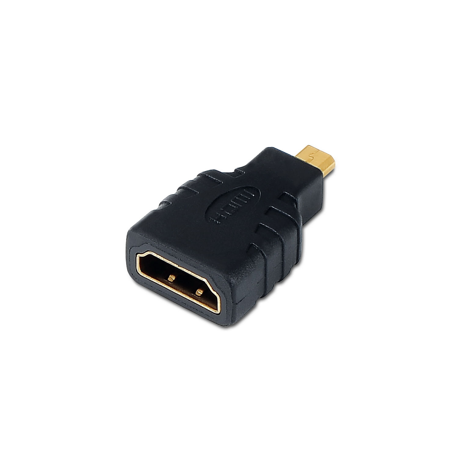 Un adaptador HDMI negro con conectores dorados sobre fondo blanco. El adaptador está enfocado y bien iluminado.