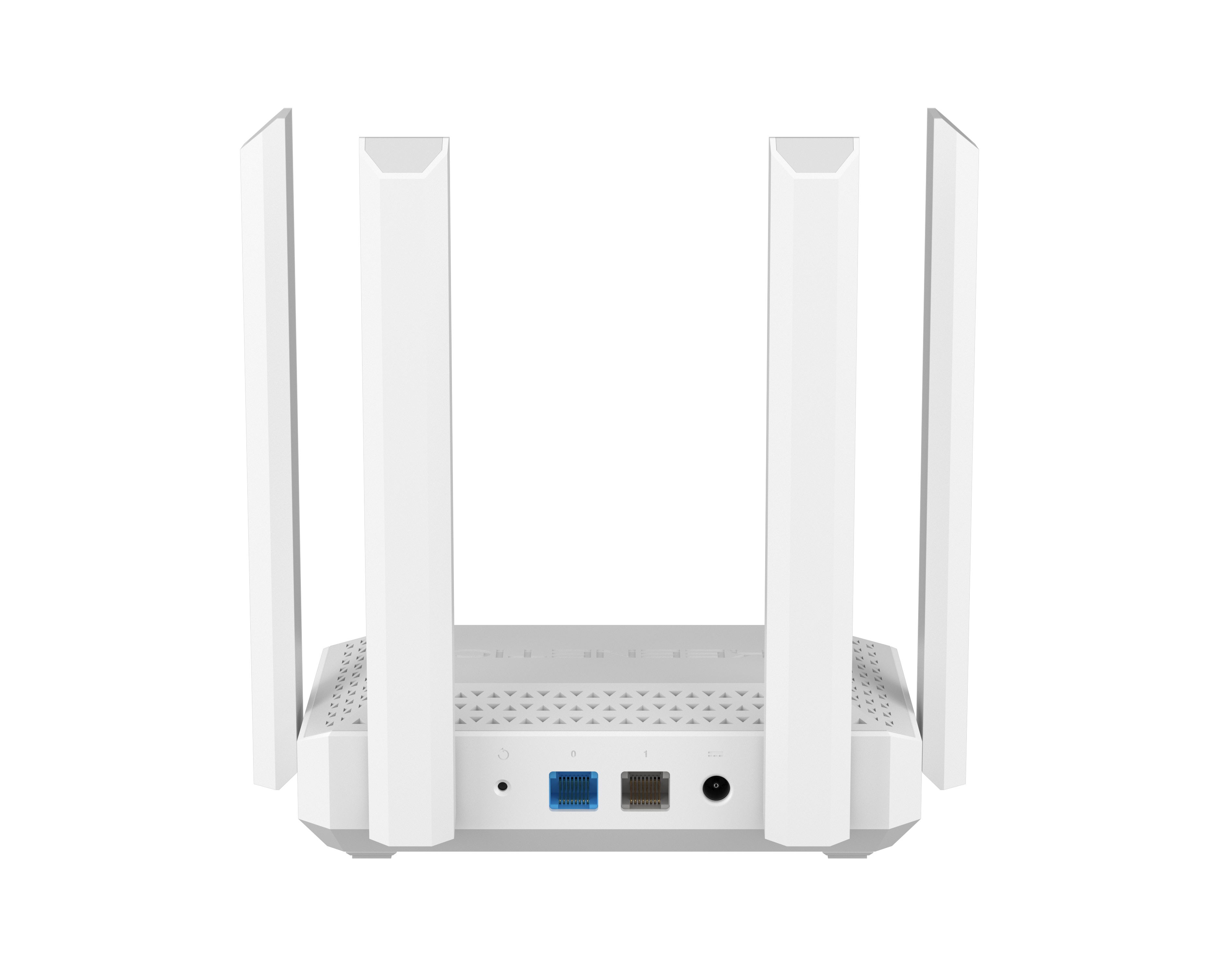 Biały router z czterema antenami. Z tyłu znajdują się niebieskie i brązowe porty. Tło jest białe.