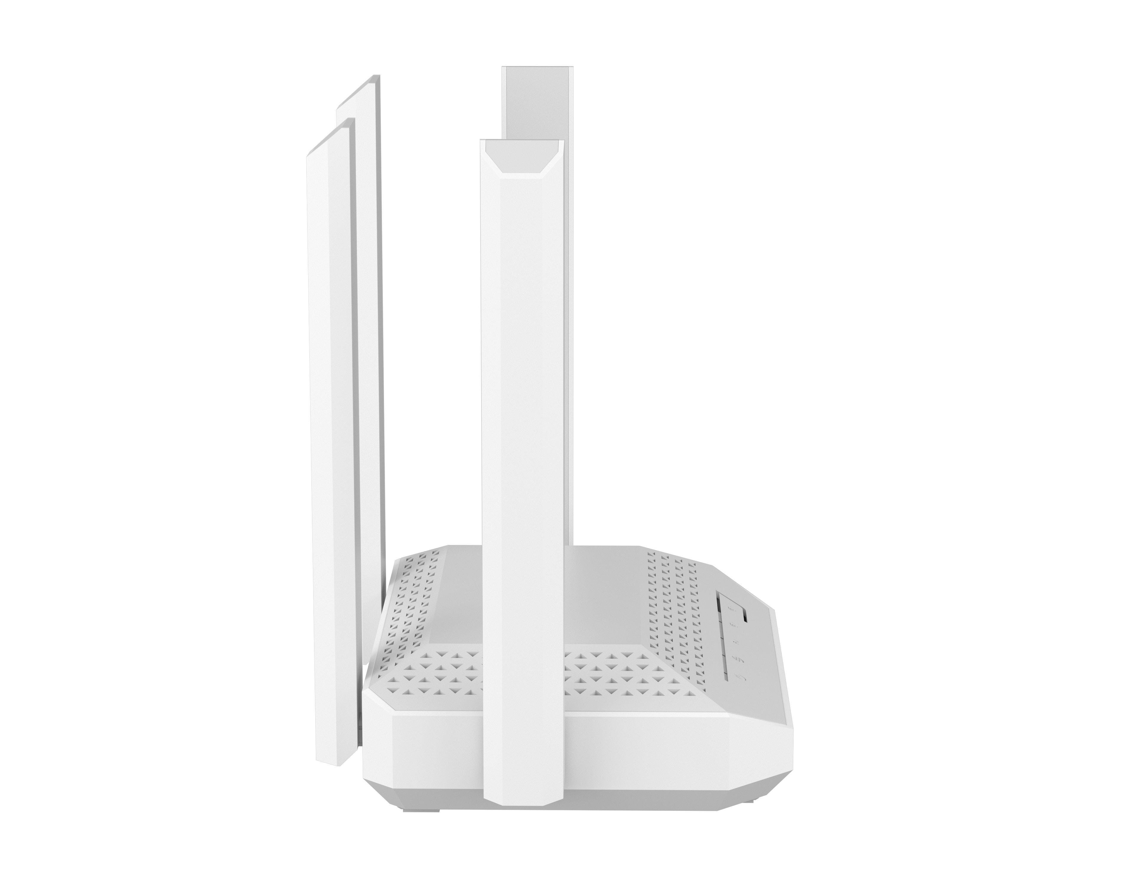 Biały router z wieloma antenami, na białym tle. Ma geometryczny kształt i wzory trójkątów.