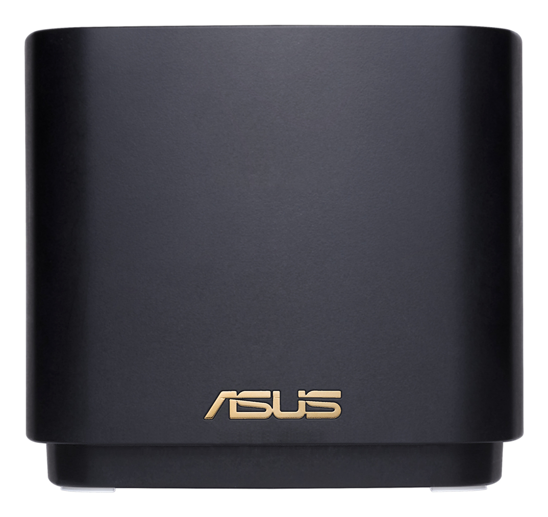 Czarny router ASUS, prostokątny z zaokrąglonymi krawędziami. Złote logo ASUS na dole, wyśrodkowane. Widoczne białe nóżki.