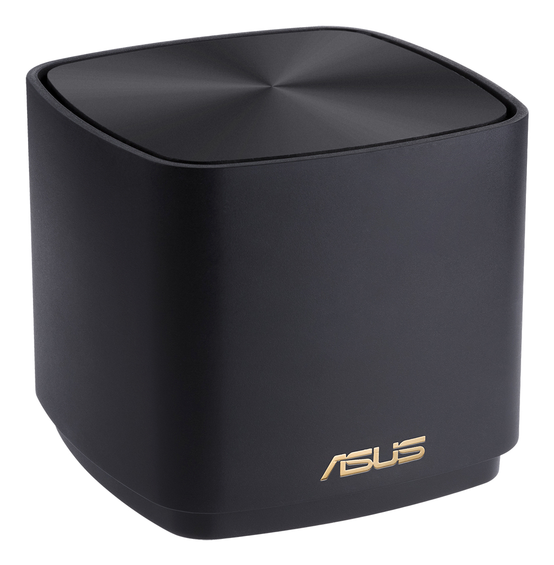 Czarny router ASUS z kwadratową podstawą i górą. Góra ma okrągły wzór. Logo ASUS jest złote.