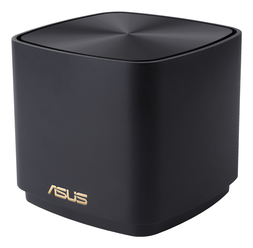 Czarny router ASUS o kwadratowym kształcie. Górna część ma okrągły wzór. Logo ASUS jest złote.