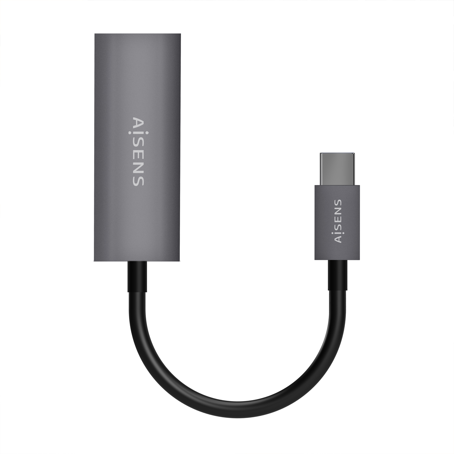 Un adaptador gris con conector USB-C y cuerpo cilíndrico más grande, conectado por cable negro, sobre fondo blanco. La marca es 'AISENS'.