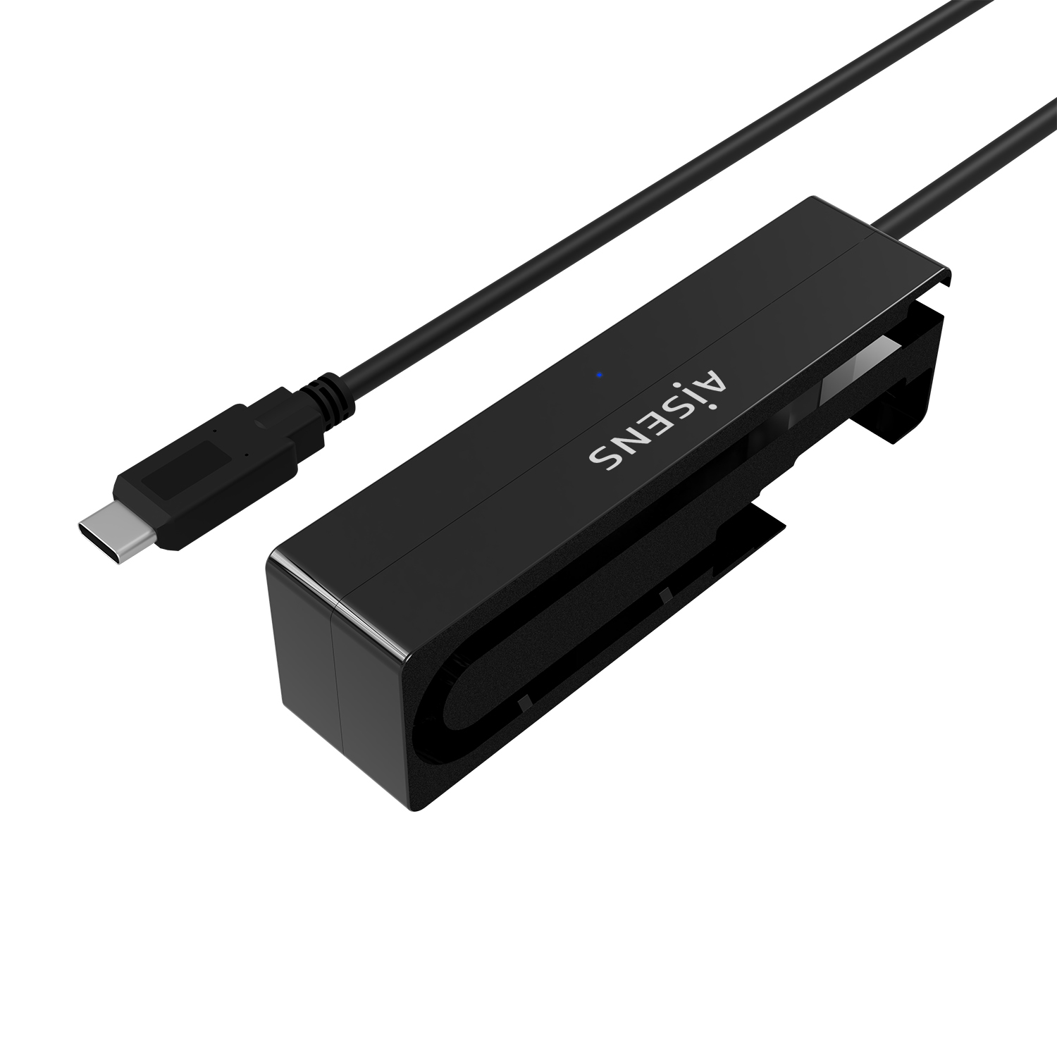 Lector de tarjetas Aisens negro con cable USB-C. El lector tiene el logotipo de Aisens. Está sobre un fondo blanco.