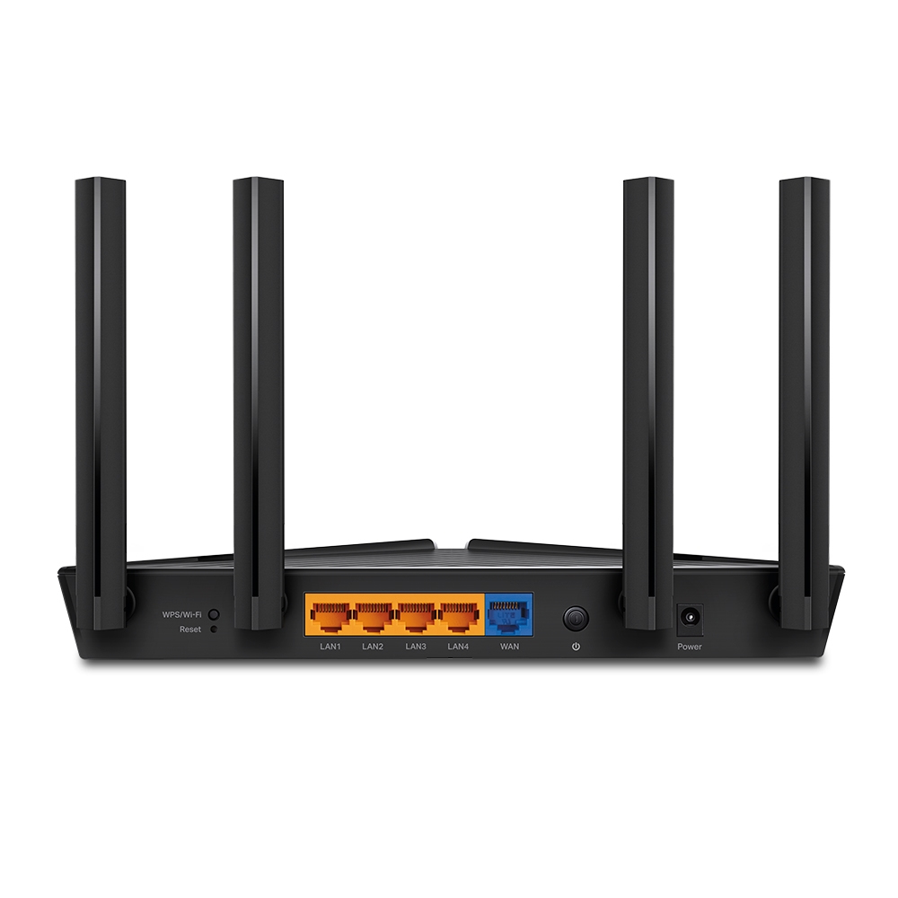Czarny router z czterema antenami. Posiada porty z oznaczeniami LAN1-4, WAN, zasilanie i WPS/Wi-Fi/reset. Tło jest białe.