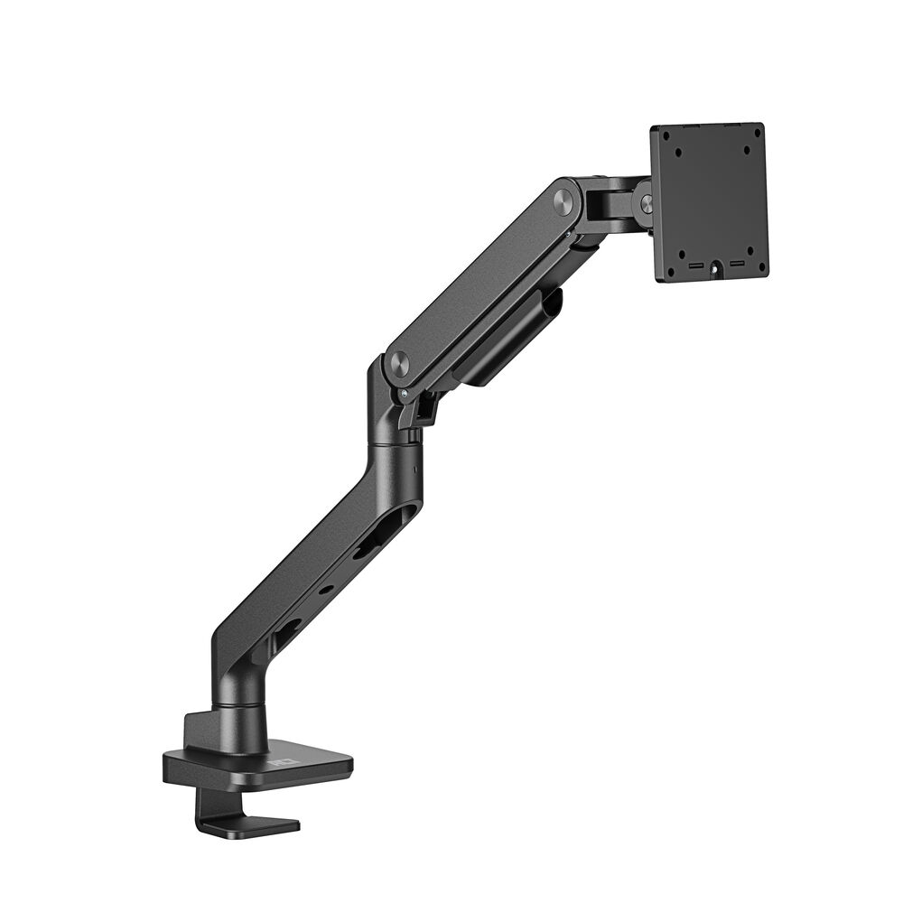 Un bras de moniteur gris foncé avec plusieurs articulations et une plaque de montage carrée sur fond blanc.