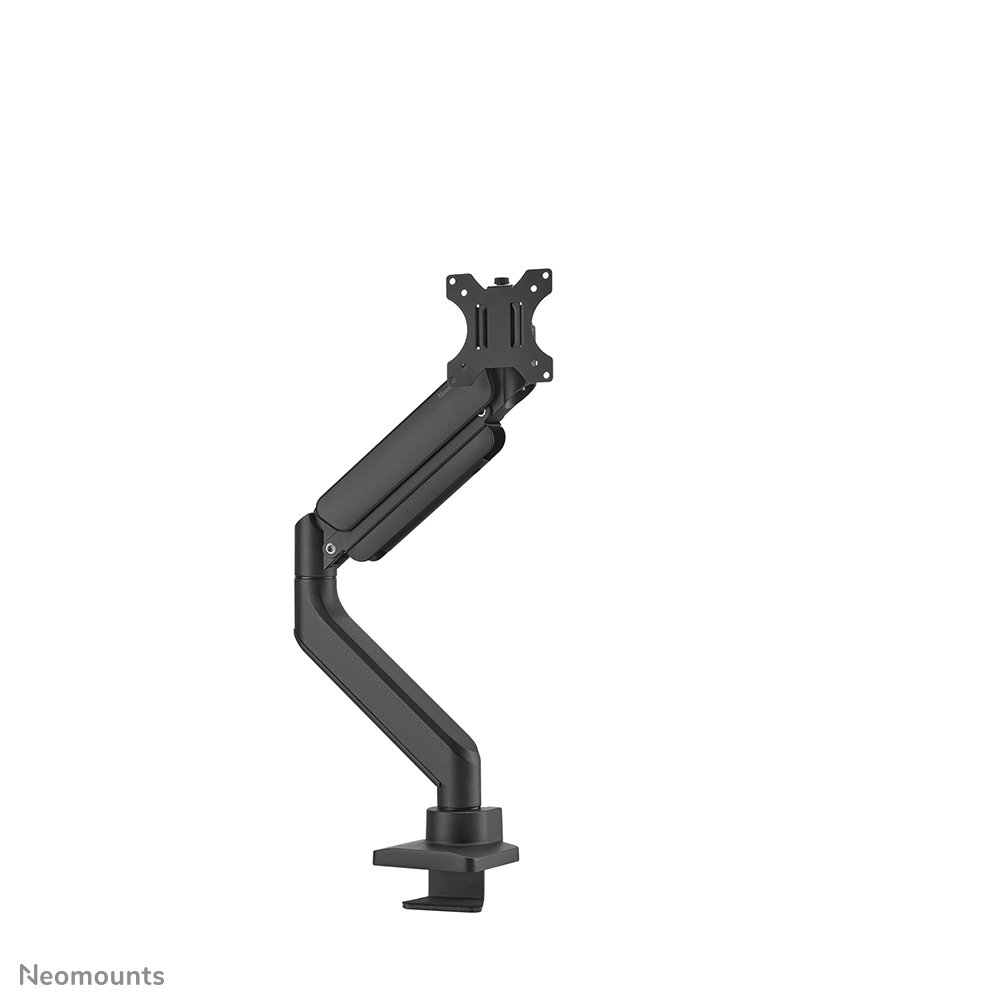 A black monitor arm, with a clamp base, adjustable joints, and a mounting plate. It's against a white background.