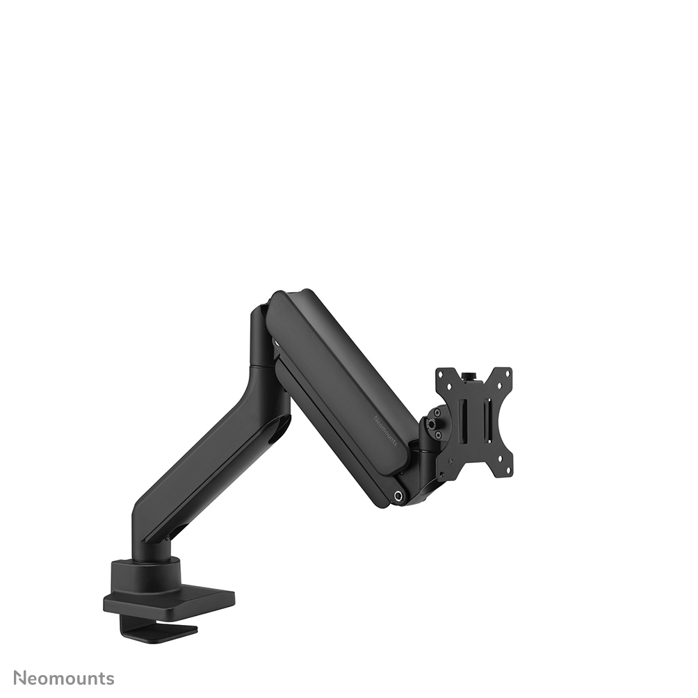 A black monitor arm with a clamp base, adjustable arm, and mounting plate, against a white background.