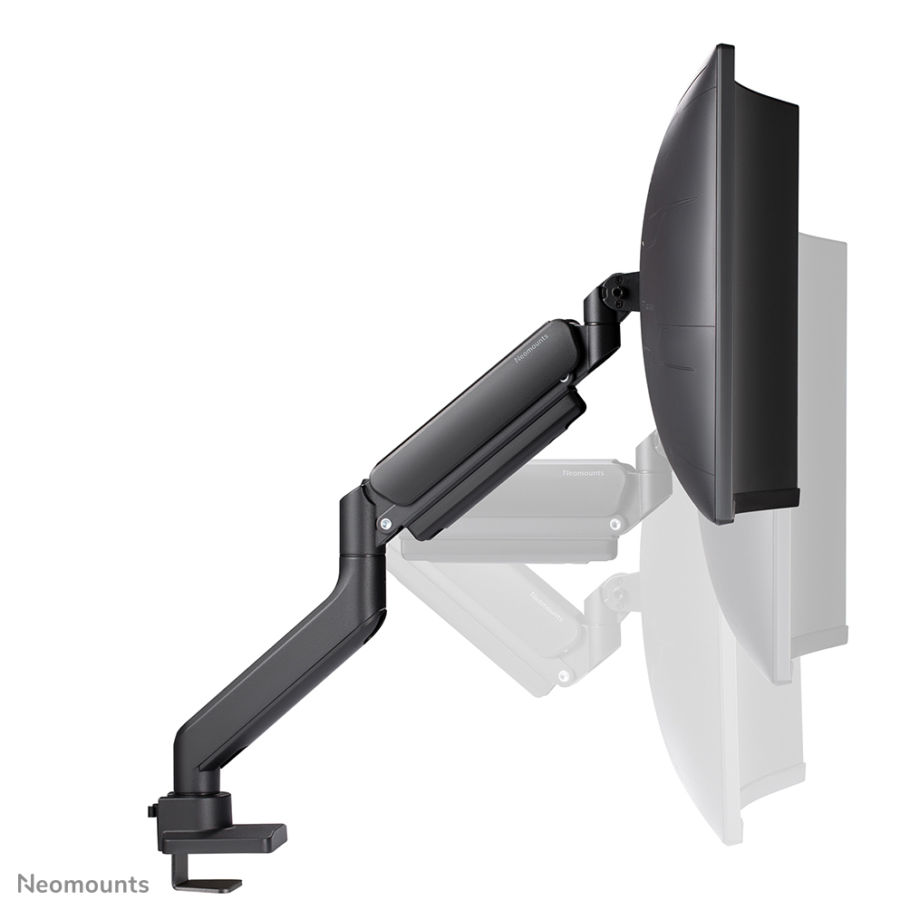 Black monitor arm with a curved screen monitor attached. The arm is mounted on a desk clamp. The background is white.
