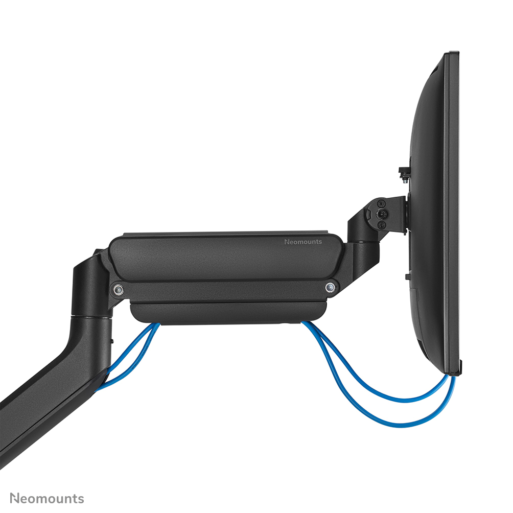 A black monitor arm with a screen attached. Blue cables run down. The brand name 'Neomounts' is visible.