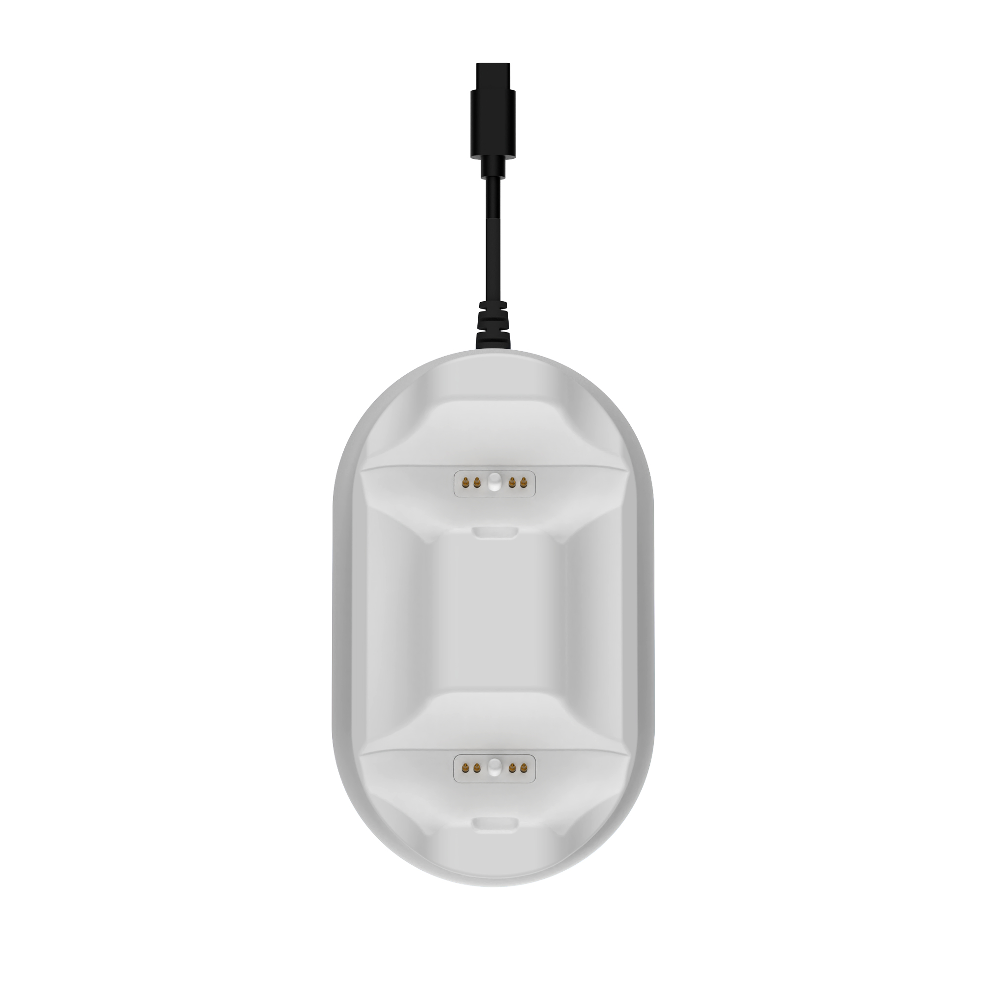 Una base de carga ovalada blanca con un cable y conector negros. Tiene dos puertos de carga y una superficie lisa.