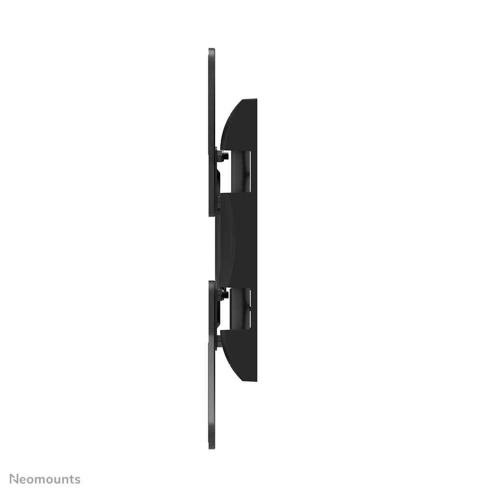 A side view of a black TV mount. It has multiple adjustable parts. The background is white.