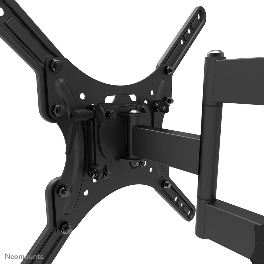 A black TV wall mount with multiple arms and mounting points, featuring bolts and screws. The mount is against a white background.
