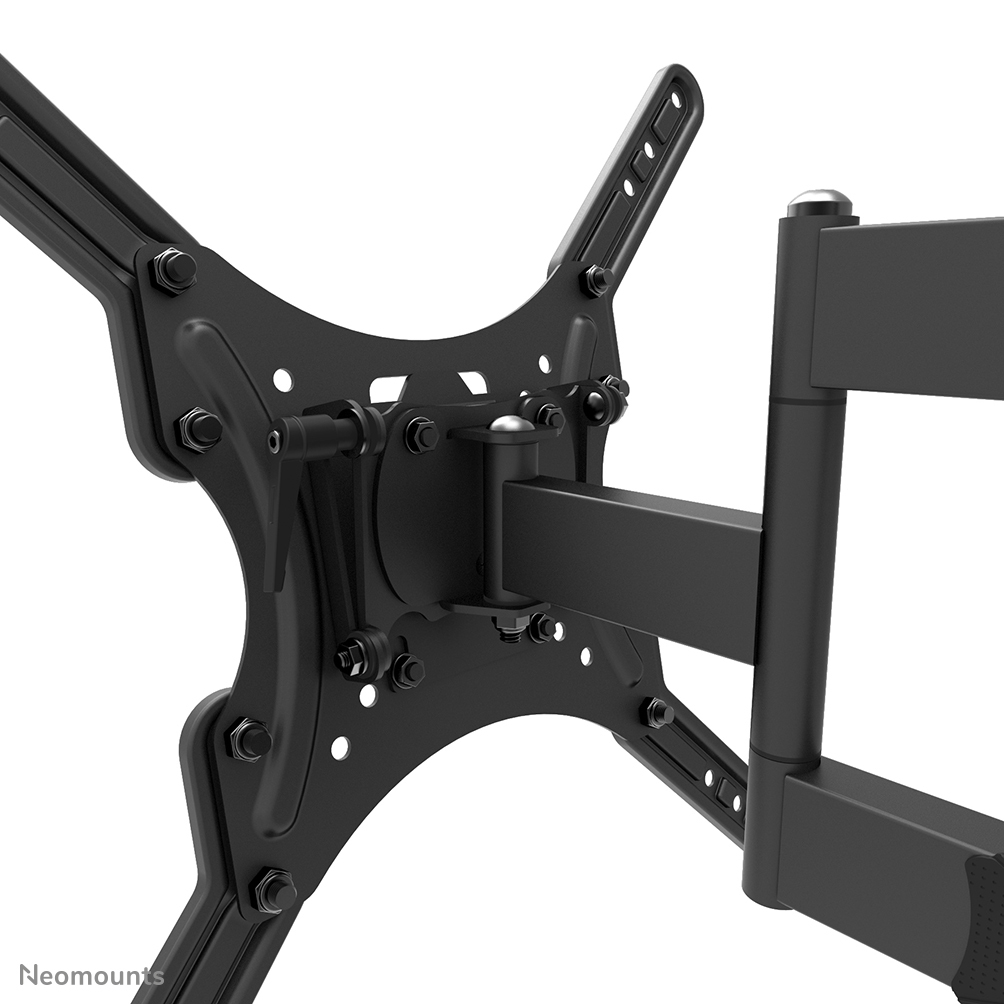 Black TV wall mount. Features metal arms, bolts, and joints. The mount is designed to hold a television.