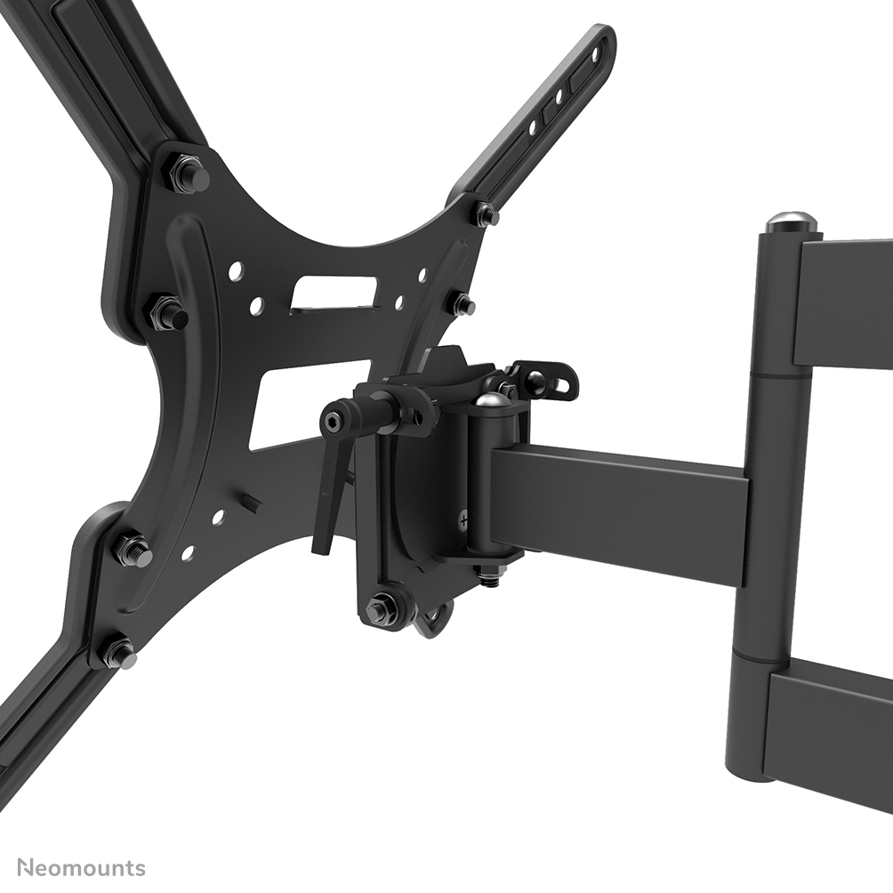 A black TV wall mount with multiple joints and bolts. It is set against a white background, showcasing its design.