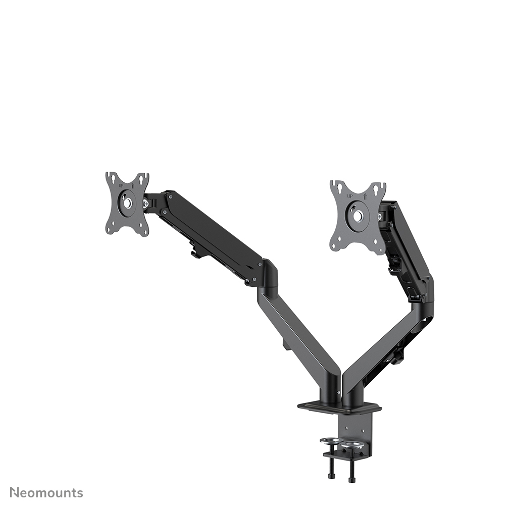A dual monitor arm in black. It has two V-shaped arms, each holding a monitor bracket. The base has a clamp for desk mounting.