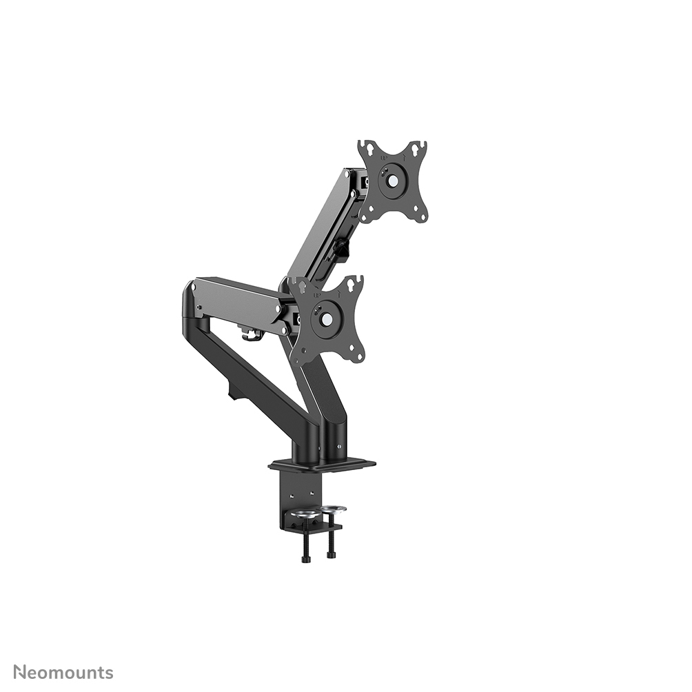 A black and gray dual monitor arm, mounted on a white background. It includes two monitor mounts and a clamp for desk attachment.