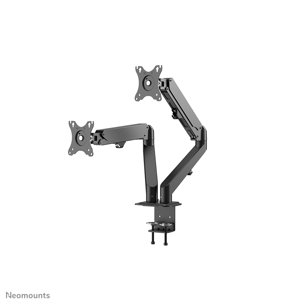 A black dual monitor arm on a white background. It has two VESA plates and adjustable arms.