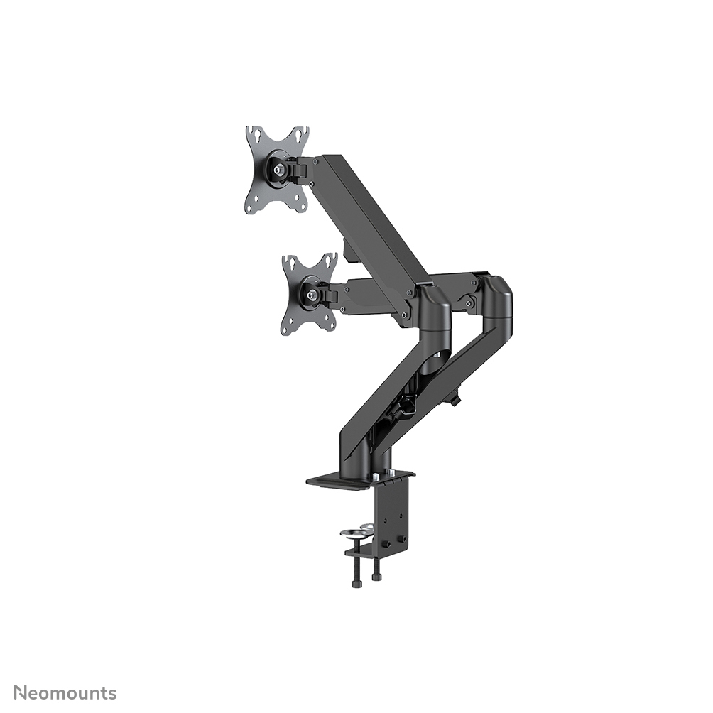Black dual monitor arm on white. The arm has several joints and a clamp for desk mounting. Each arm holds a monitor.