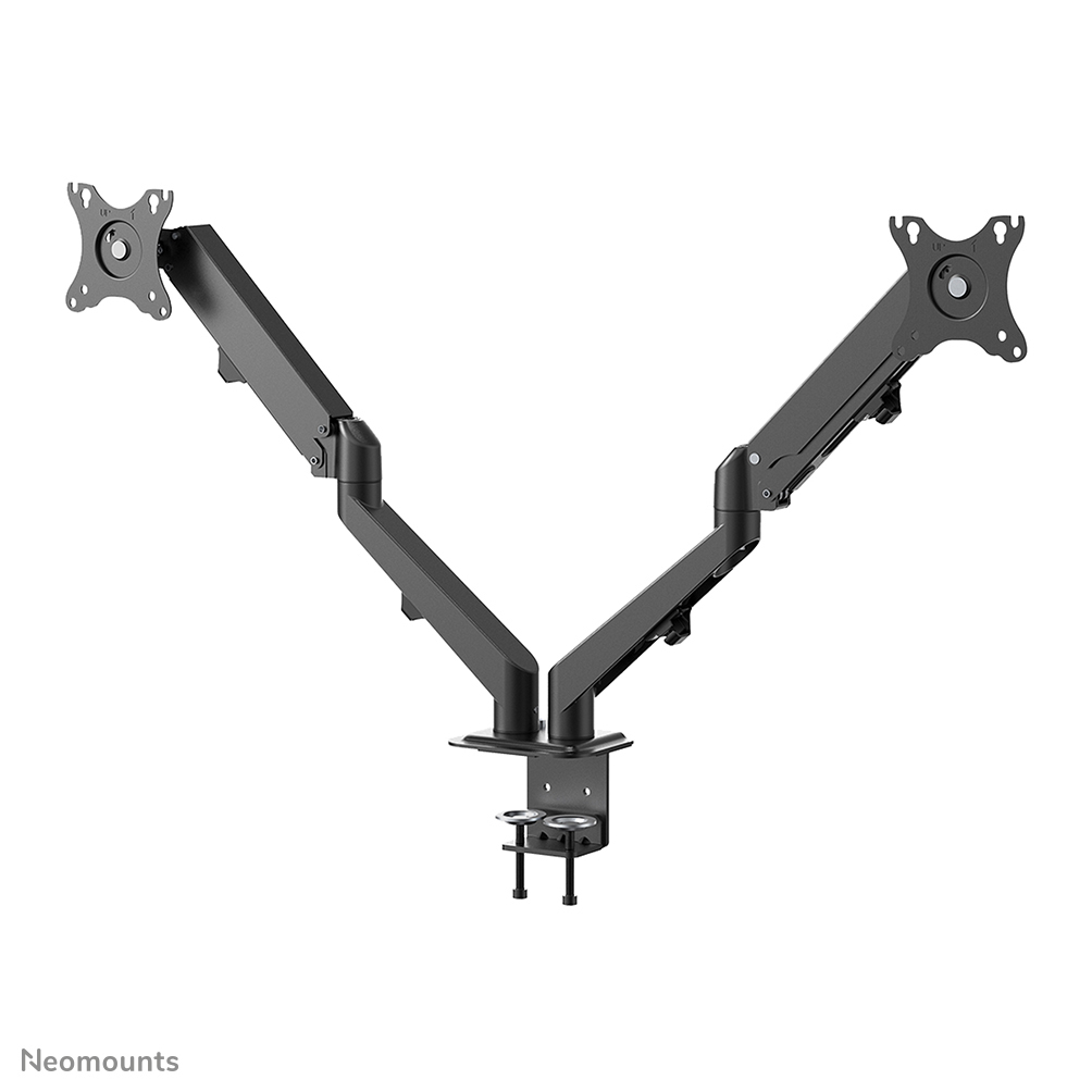 A black dual monitor arm on a white background. It has adjustable arms and a clamp for desk mounting.