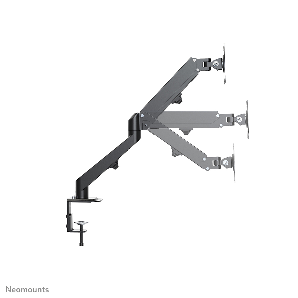 A gray and black triple monitor arm on a white background. The arm has a clamp and three monitor mounts.
