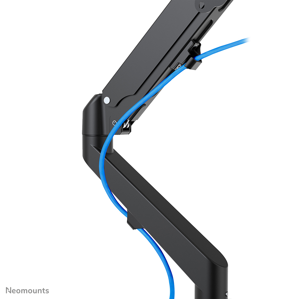 Black monitor arm with a blue cable running through it. The arm is angled, showing joints and a partial view of the base.